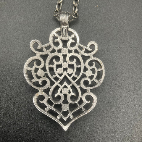 Vintage Crown Trifari Silver Tone Filigree Scroll Rhinestone Pendant Necklace