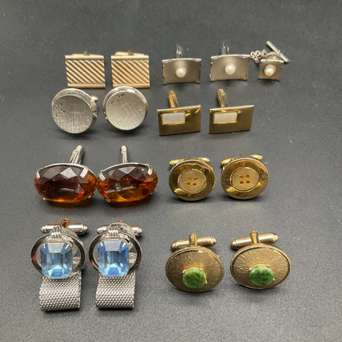 Vintage Swank Dante Cufflink Lot 9 Sets Mid-Century Costume Jewelry Blue Amber