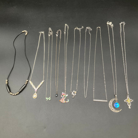 Fashion Costume Necklace Lot of 10 Silver Tone Rhinestone Cross Moon Cat Bow