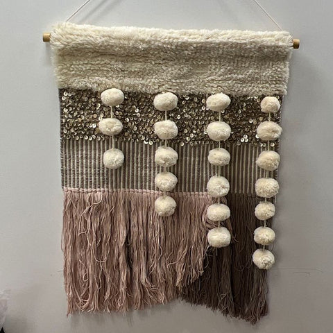 West Elm & Pottery Barn Sequined Beige Pom Pom Wall Hanging Macramé Tapestry