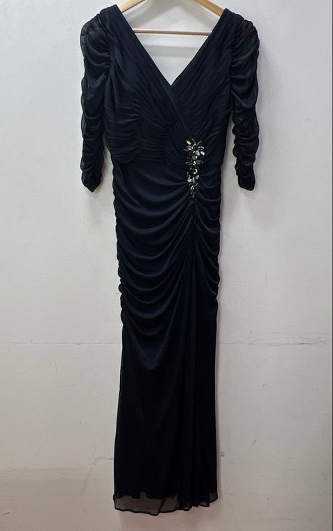 Adrianna Papell Women's Navy Ruched Crystal Embellished V-Neck Gown Sz 4P