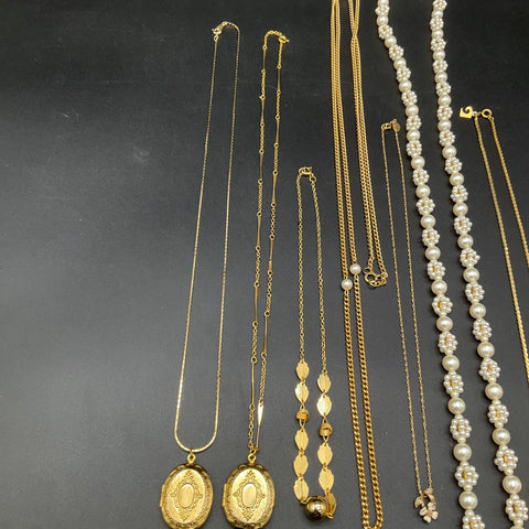 Vintage to Modern Costume Jewelry Lot 7 Necklaces Faux Pearl Lockets Gold Tone