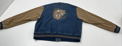 Vintage 90s Boast USA Denim Varsity Jacket Wolf Embroidery Larry Fanning Sz XXL