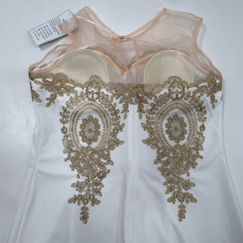 Baby Online Women's White Gold Lace Applique Illusion Mesh Evening Gown Dress