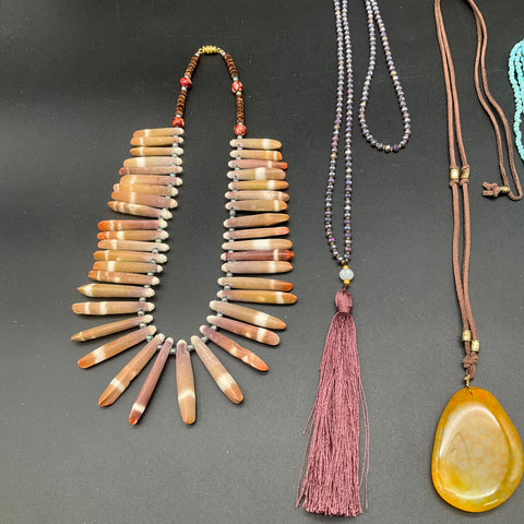 Vintage Boho Statement Jewelry Lot of 6 Necklaces Tassel Shell Agate Style