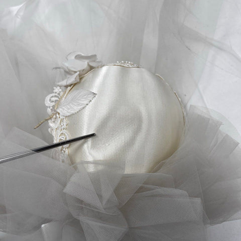 Vintage 80s Clara's Fashions Wedding Veil Lace Pillbox Cap Made in USA Sz OS