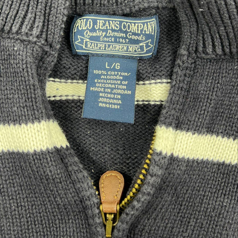 Vintage Y2K Polo Jeans Co Men's 1/4 Zip Sweater Navy Striped Flag Logo L