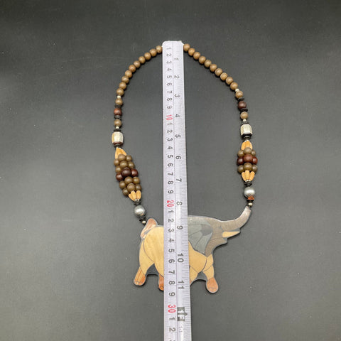 Vintage Elephant Statement Necklace Beaded Wood Inlay Boho Folk Art 24"