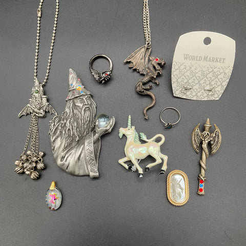 Mythical Fantasy Costume Jewelry Lot 10pc Wizard Dragon Unicorn Brooches Rings