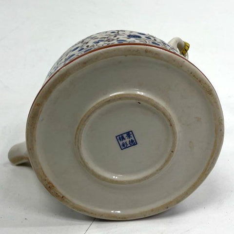 Ceramic Teapot Blue Floral Vine Pattern with Lid & Rattan Handle