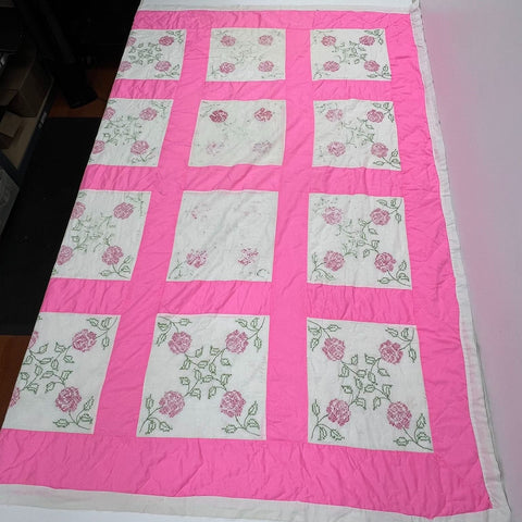 Vintage Hand Stitched Cross Stitch Rose Floral Block Quilt Pink White 80x78