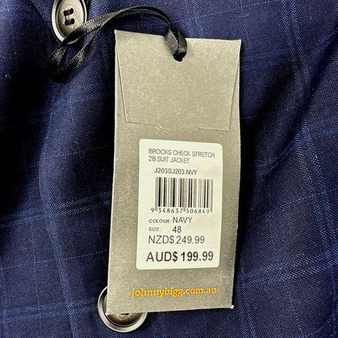 Johnny Bigg Men's Navy Brocks Check Stretch 2B Suit Jacket Size 48 NWT