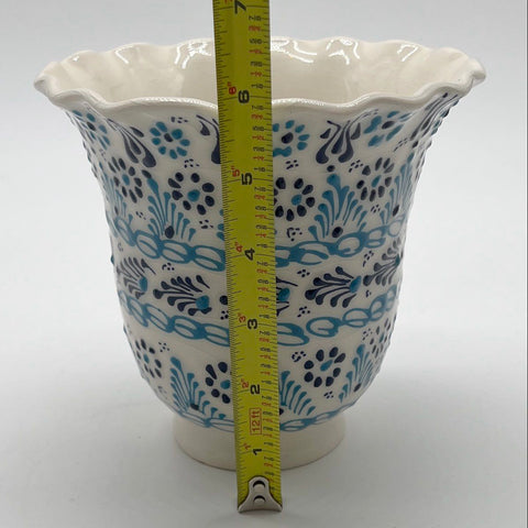 Vintage Hand Painted Ceramic Vase Blue White Floral Scalloped Rim 6" Tall