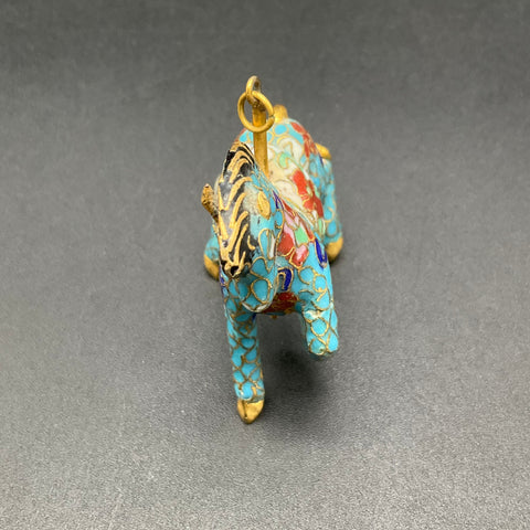 Vintage Cloisonne Enamel Carousel Horse Pendant Blue Gold Tone Jewelry 2.25"