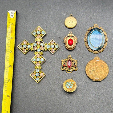 Vintage Costume Jewelry Lot Gold Tone Pendants Lockets Czechoslovakia 7pc