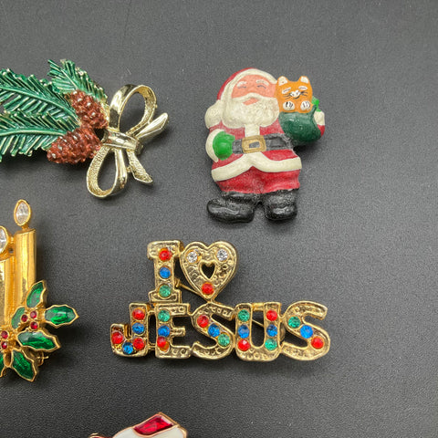 Holiday Pin Lot Tancer II Enameled Rhinestone 8 Pieces Vintage Christmas