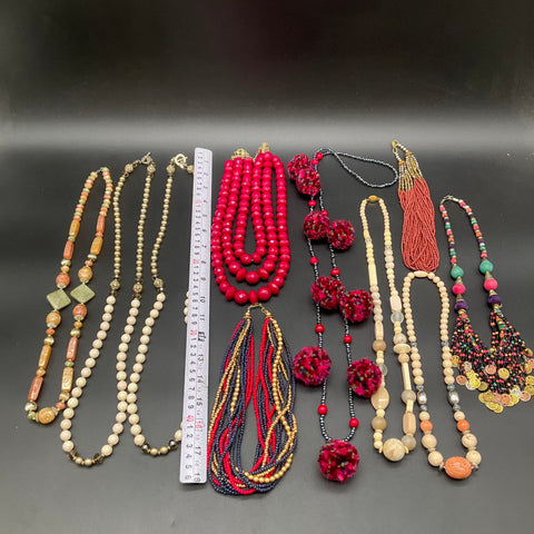 Bohemian Beaded Costume Jewelry Necklace Lot of 10 Tassel Pom Pom Multi-Strand