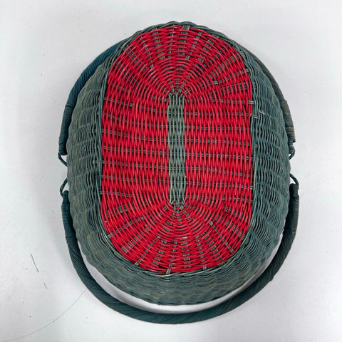 Vintage Watermelon Woven Wicker Picnic Basket Red Green Butterfly Lid Large