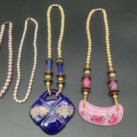 Vintage Asian Ceramic Floral Pendants & Cultured Pearl Necklace Jewelry Lot of 5