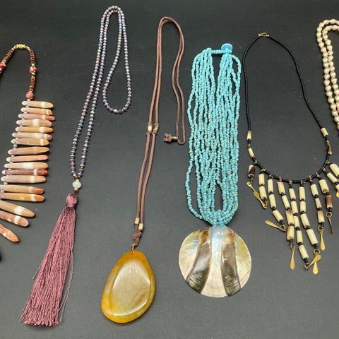 Vintage Boho Statement Jewelry Lot of 6 Necklaces Tassel Shell Agate Style
