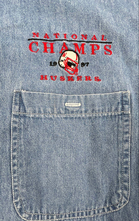 Vintage 1997 Nebraska Huskers National Champs Embroidered Denim Shirt Sz XXL