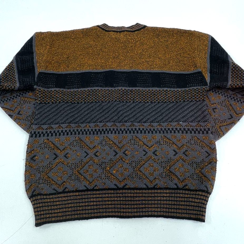 Ventillo Black Brown Vintage 80s Geometric Textured Knit Pullover Sweater Men's