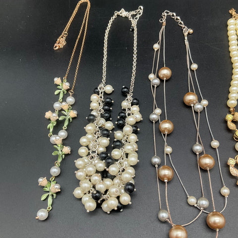 Faux Pearl Costume Jewelry Lot 9 Statement Floral Charm Multi-Strand Necklaces