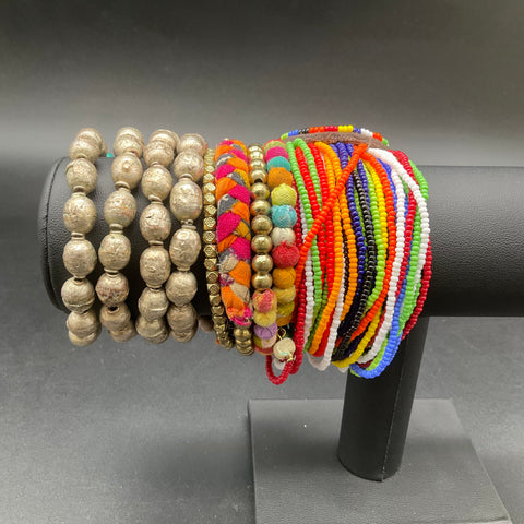 Boho Jewelry Lot 8pc Beaded Turquoise Style Maasai Textile Hammered Gold Cuff