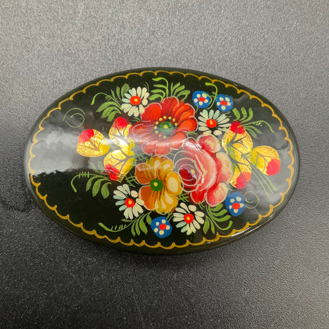 Vintage Russian Lacquer Hand Painted Brooches Lot of 2 Fedoskino Signed Floral