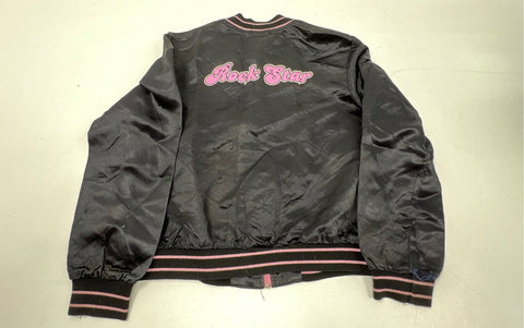 American Girl Girls Rock Star Graphic Bomber Jacket Black Pink Satin Sz XL
