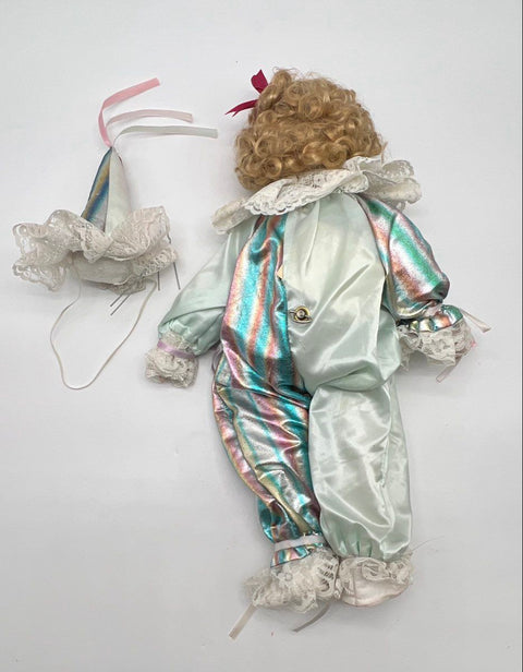 Musical Porcelain Clown Doll Iridescent Outfit Vintage 18 Inch Tested Music Box