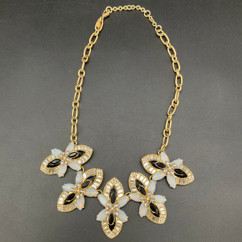 J. Crew Gold Tone Faux Opal Black Resin Rhinestone Floral Statement Necklace