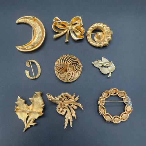 Vintage Costume Jewelry Lot of 9 Gold Tone Brooches Floral Leaf Bow Faux Pearl