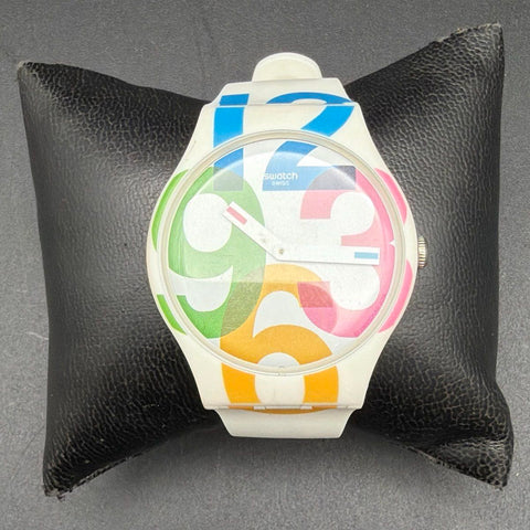 Swatch White Silicone Swiss Quartz Watch Colorful Dial