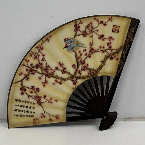 Vintage Asian Fan Wall Art 3D Relief Birds Cherry Blossom Resin Calligraphy