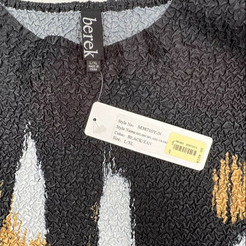 Berek Women's Crinkle Top Splish Splash Abstract Black Tan Textured Sz XL NWT
