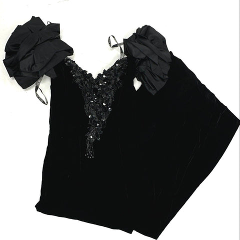 black velvet dress vintage Vintage 90s Zum Zum Women's Black Velvet Sequin Ruffle Pouf Sleeve Dre