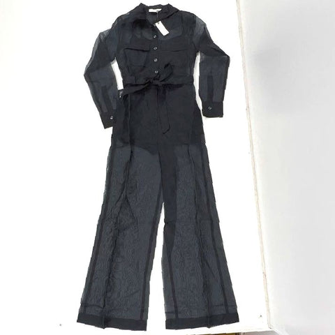 Anthropologie Women's NWT Black Sheer Silk Wide Leg Belted Jumpsuit Size 2