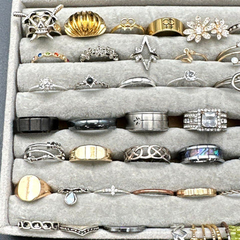 Fashion Rings Costume Jewelry Lot of 55 Statement Bands Rhinestone Enamel Mixed