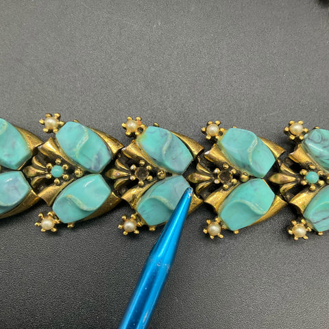 Vintage Costume Jewelry Lot 2 Bracelets Faux Turquoise Rhinestone Pearl Accents