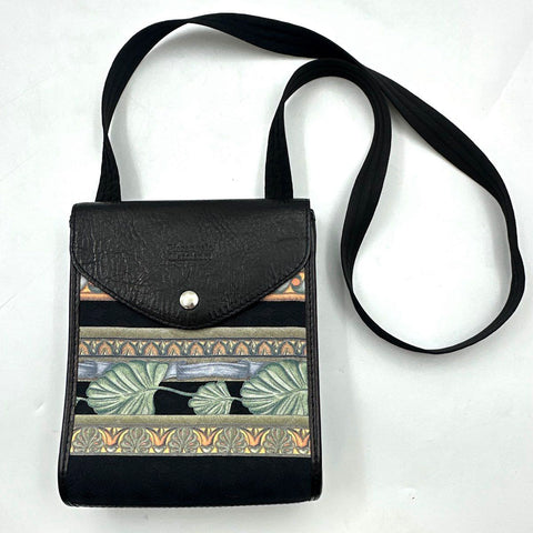 Pierangelo Masciadri Black Leather Silk Art Print Crossbody Bag Made in Italy