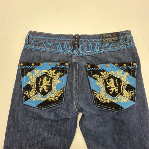 Vintage Y2K Black Carpet Blue Embroidered Crest Straight Leg Jeans Men's 36x32