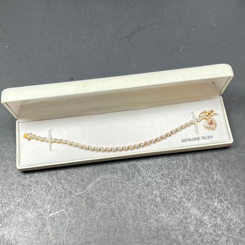 18K Over Sterling Silver Genuine Ruby Diamond Accent Tennis Bracelet NIB
