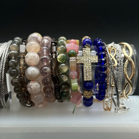 Mixed Costume Jewelry Lot Bracelets Bangles Beaded Rhinestone Cross Cuff