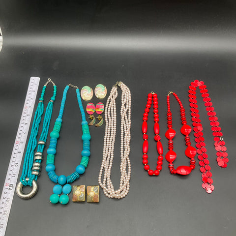 Vintage Costume Jewelry Lot 12pc Red Turquoise Faux Pearl Necklaces Earrings