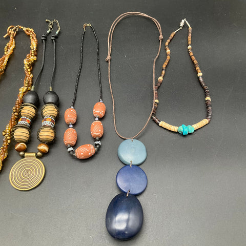 Boho Tribal Beaded Jewelry Lot 10 Necklaces Mother of Pearl Brass Wood Shell