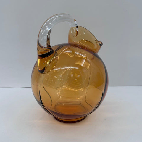 Vintage Amber Art Glass Pitcher 10" Hand Blown Clear Applied Handle MCM Style