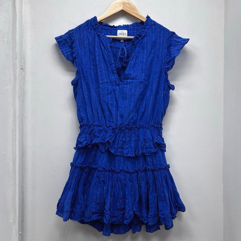 Misa Los Angeles Women's Blue Metallic Pinstripe Tiered Ruffle Mini Dress Sz S