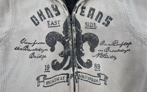 DKNY Jeans Men's Beige Full Zip Knit Jacket Sherpa Lined Fleur De Lis Graphic M