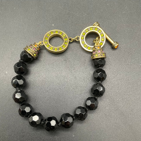 Heidi Daus Black Faceted Bead Bracelet Antique Gold Tone Toggle Clasp 7"